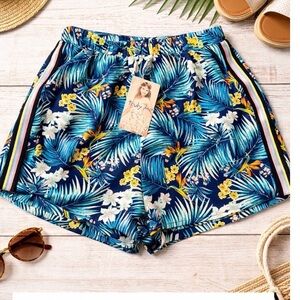 Truly Me Blue and Green Tropical Print Women's Athletic Shorts
